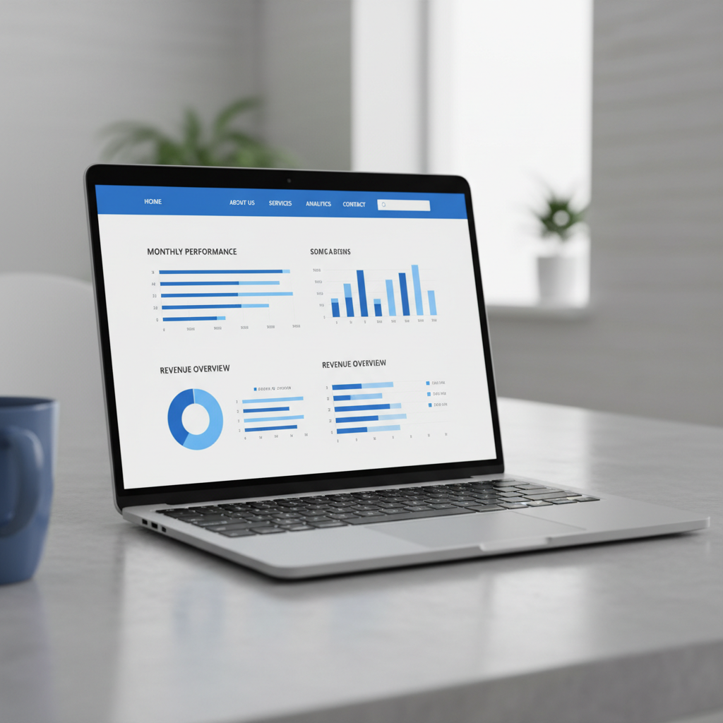 Sitio web corporativo moderno con gráficos de analytics y diseño profesional
