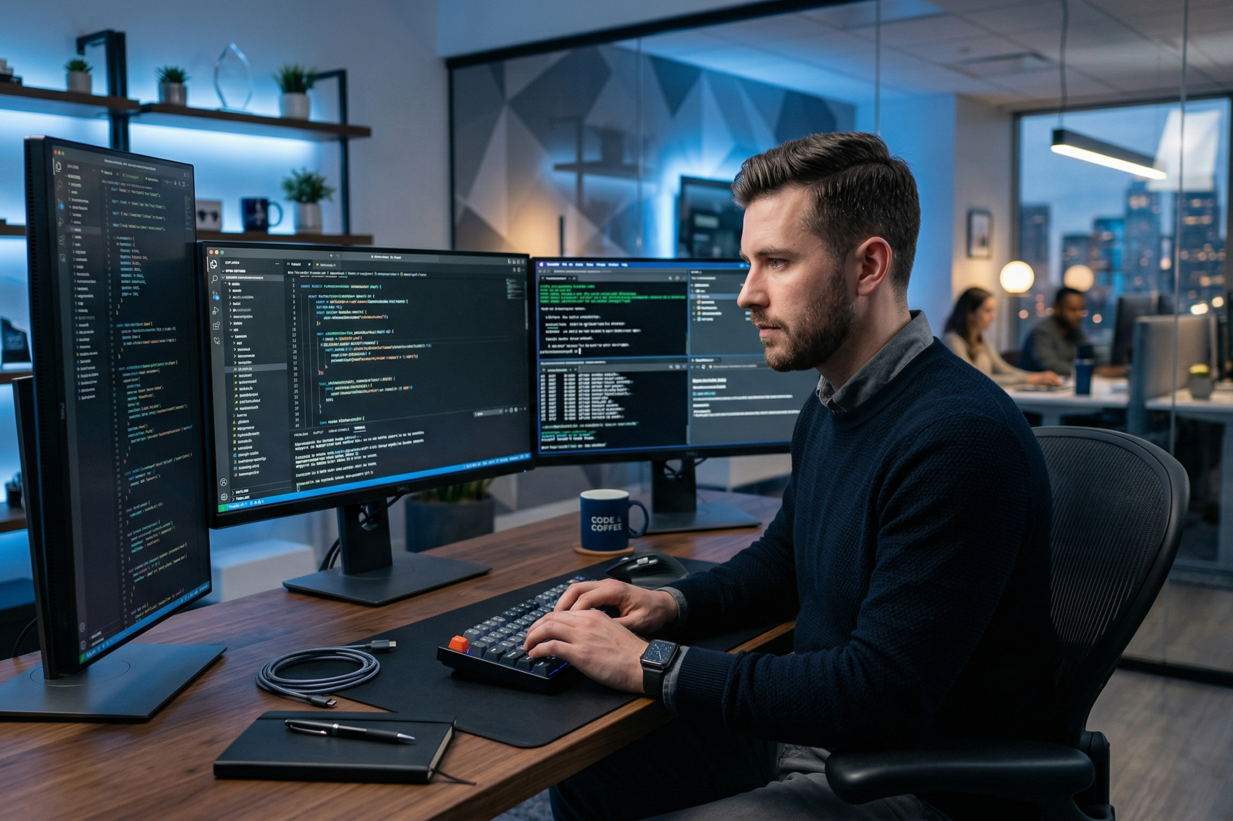 Desarrollador de Kodexa Solutions escribiendo codigo en pantalla con multiples monitores