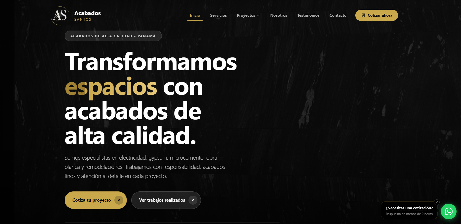 Sitio web de Acabados Santos con sistema de cotización de 4 pasos y catálogo de servicios de remodelación